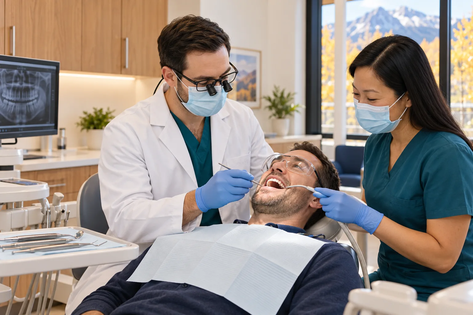 Dentist and assistant wearing masks and gloves examine a reclining patient