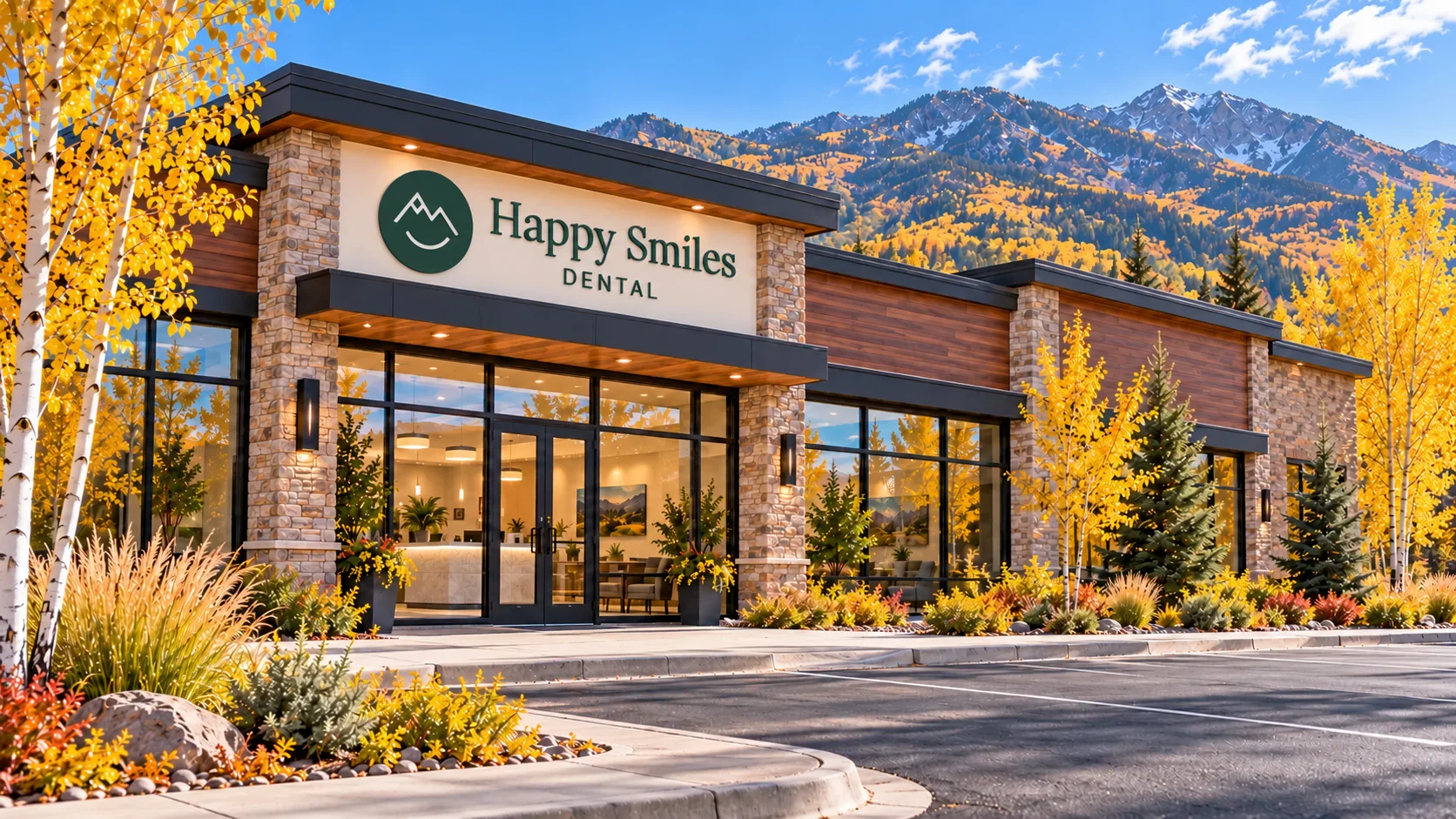 Happy Smiles Dental office with pine mountain-logo signage, stone walls, and autumn mountains