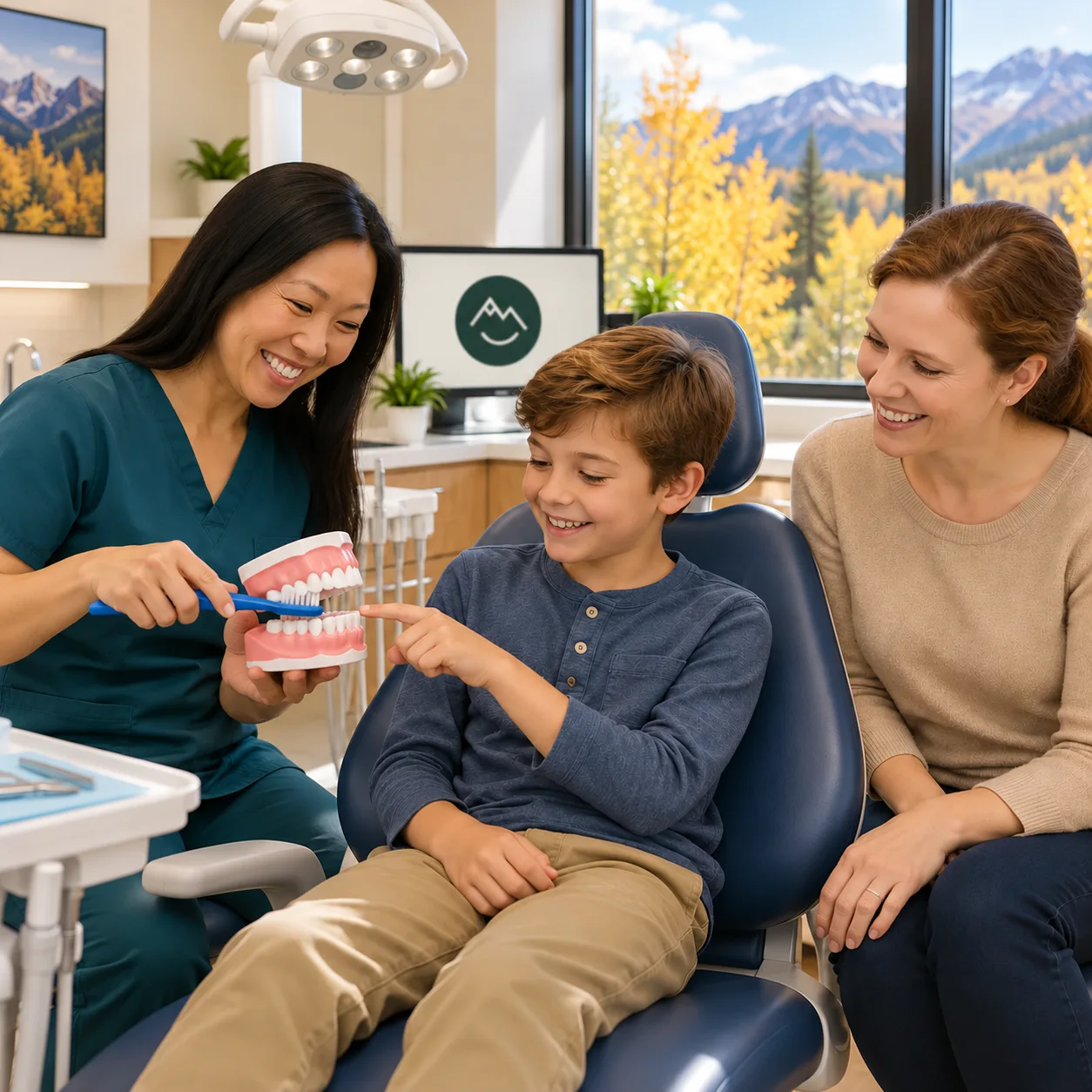 Clinician demonstrates brushing on a dental model with a child and parent
