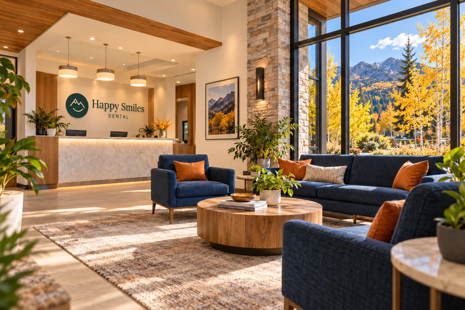 Navy lounge seating beside tall windows overlooking golden aspens and mountains