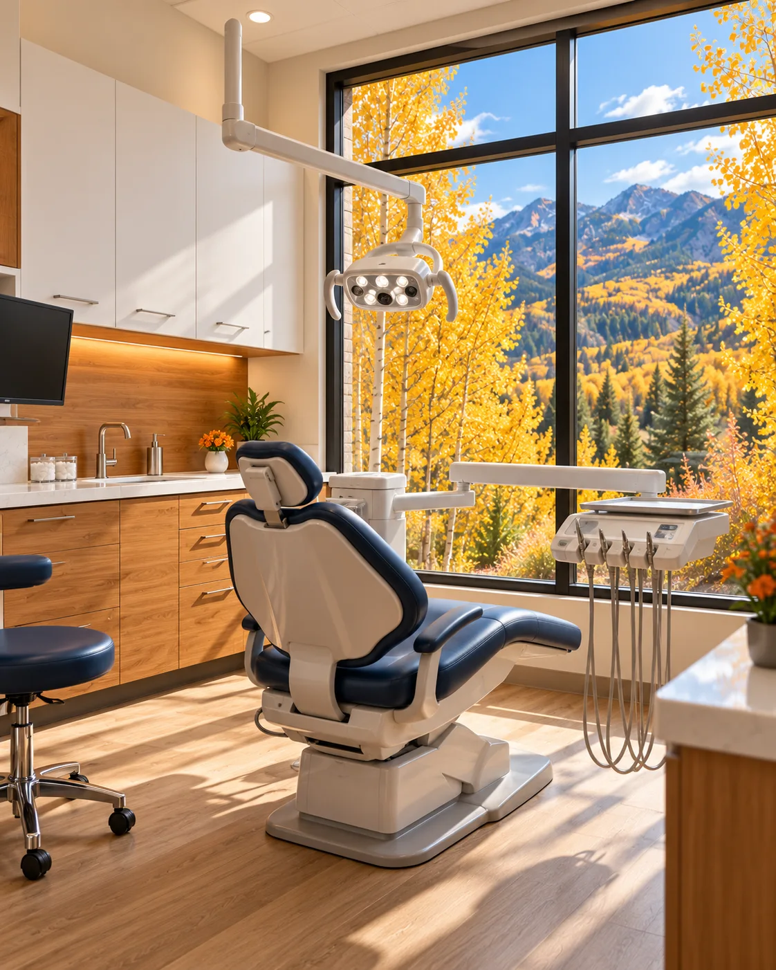 Navy dental chair and oak cabinetry beside a tall window with an autumn mountain view