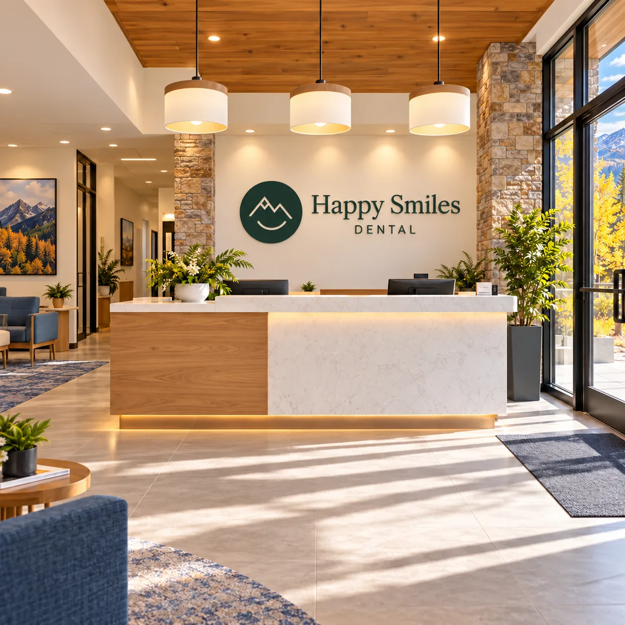 White stone and oak reception desk beneath pine mountain-logo Happy Smiles Dental signage