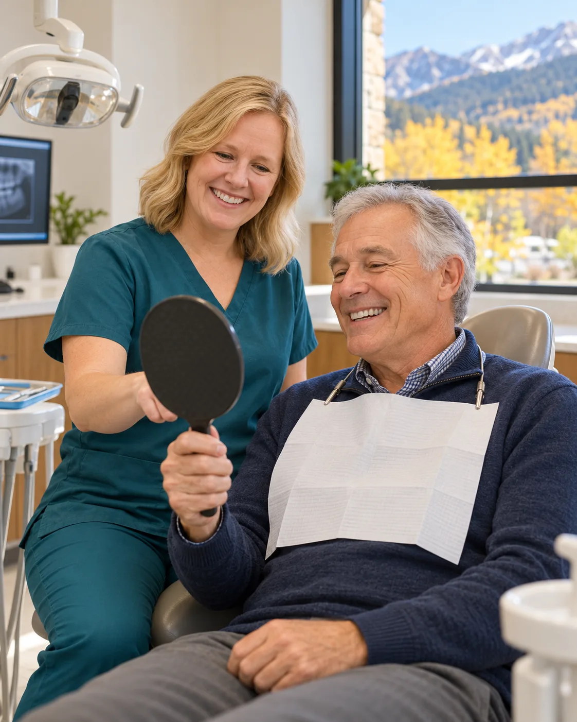Clinician and an older patient smile while reviewing his reflection in a handheld mirror