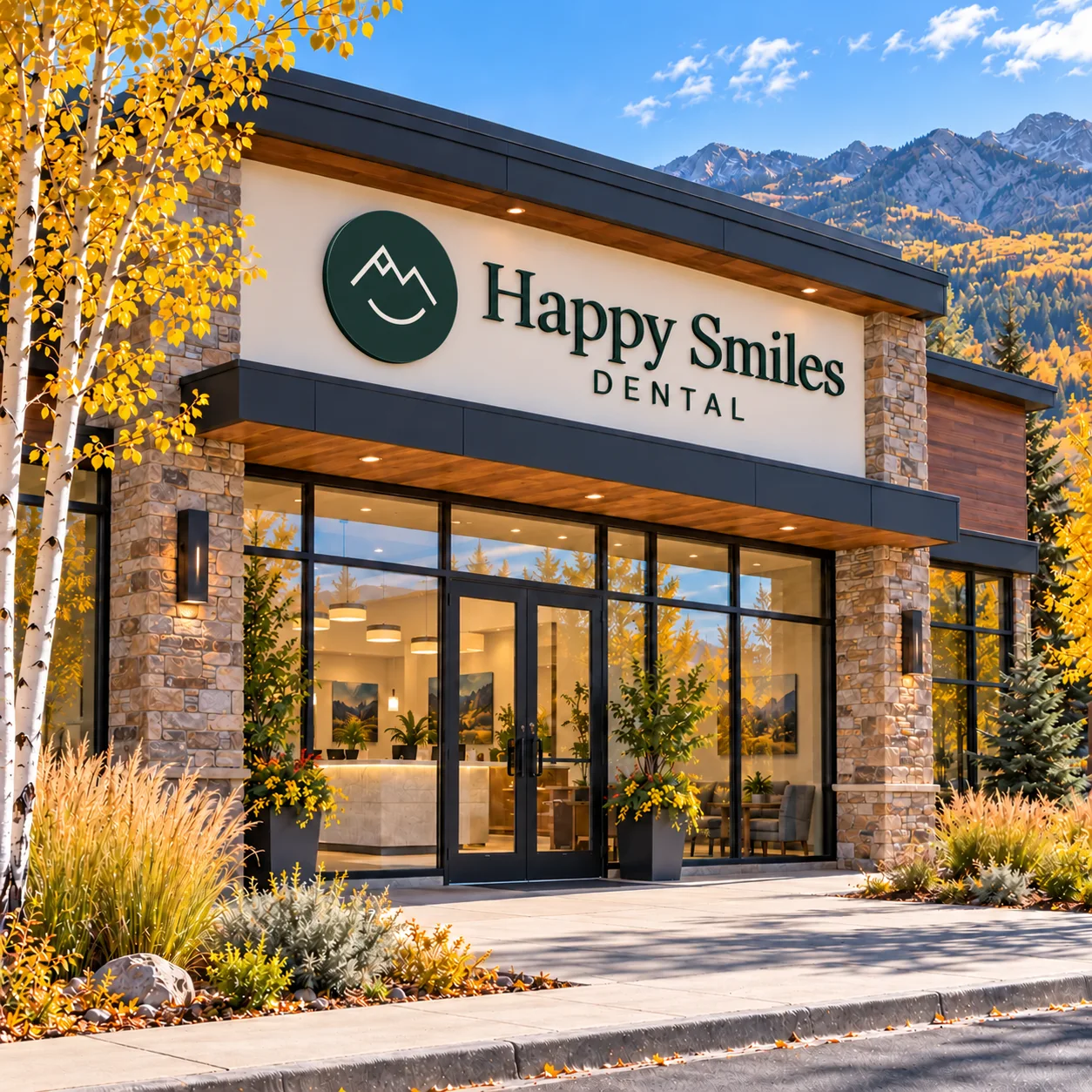 Glass entrance beneath the Happy Smiles Dental sign, framed by golden autumn trees