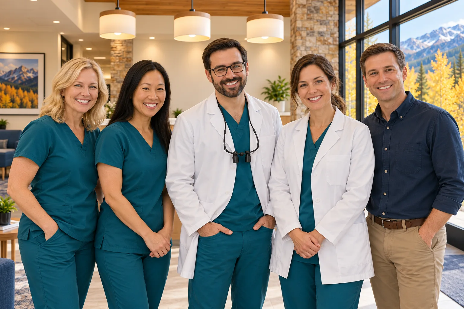 Five fictional Happy Smiles Dental staff in white coats, teal scrubs, and a navy shirt